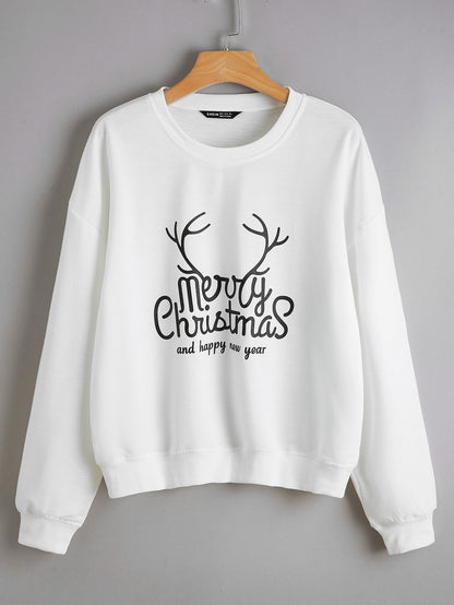 Pull de Noël à manches longues pour fille, ample, dessin animé, col rond, imprimé