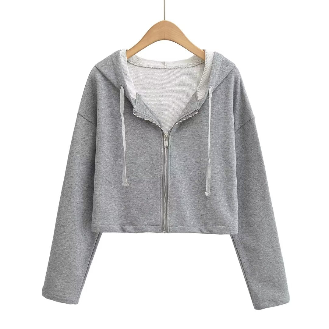 Autumn Loose Long Sleeve Short Casual Solid Color Top Hooded Sports Zipper Cardigan Sweater Coat Women