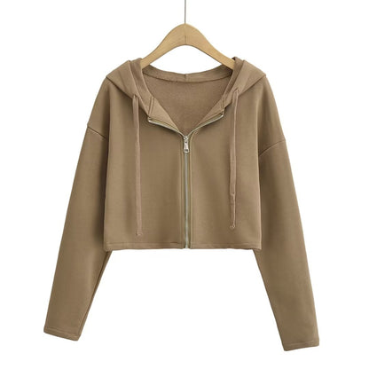 Autumn Loose Long Sleeve Short Casual Solid Color Top Hooded Sports Zipper Cardigan Sweater Coat Women