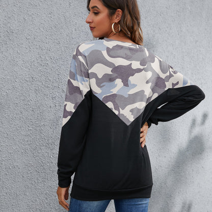 Pull décontracté à manches longues et col rond en peluche avec imprimé camouflage pour automne et hiver