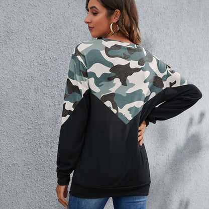 Pull décontracté à manches longues et col rond en peluche avec imprimé camouflage pour automne et hiver