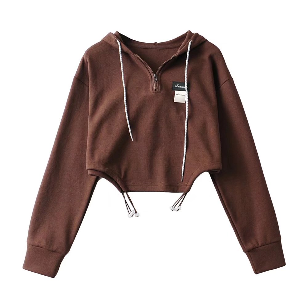 Loose Hooded Letters Labeling Pullover Sweater Irregular Asymmetric Drawstring Short Top