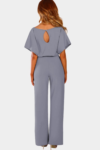 Blauer, glamouröser Jumpsuit mit weitem Bein und Gürtel