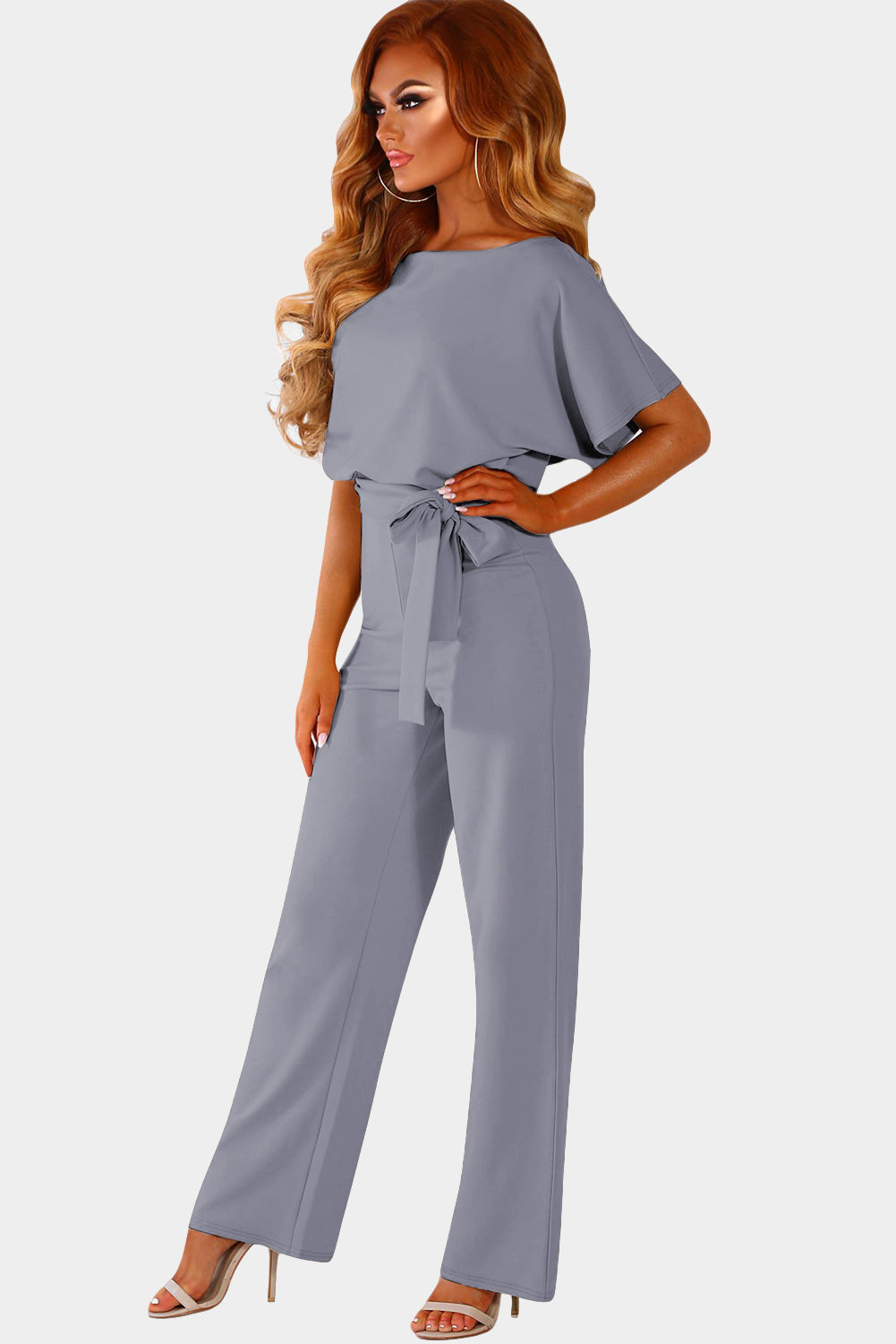 Blauer, glamouröser Jumpsuit mit weitem Bein und Gürtel