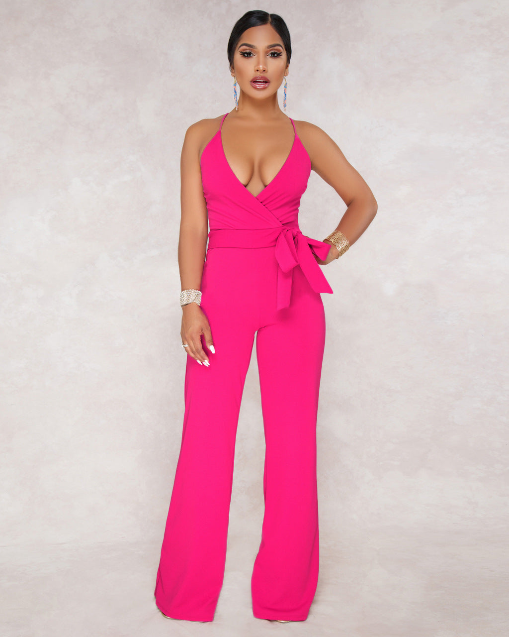 Sommer Beliebter klassischer einfarbiger Jumpsuit mit V-Ausschnitt und Brace