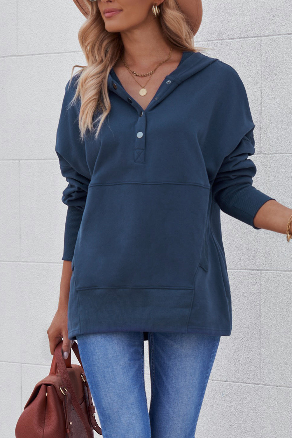 Loose Hooded Sweater Women Mid Length Autumn Winter Solid Color Casual Bottoming Shirt Top