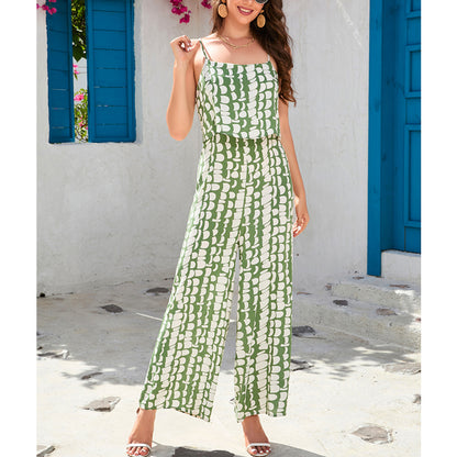 Women Summer Cotton Printed High Waist Camisole Wide Leg Pants Sanya Beach Vacation Women Pants