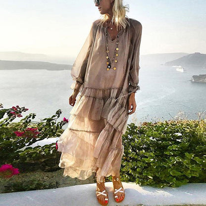 Wooden Ear Stitching Vacation Beach Dress V neck Long Sleeve Dress Women Strap