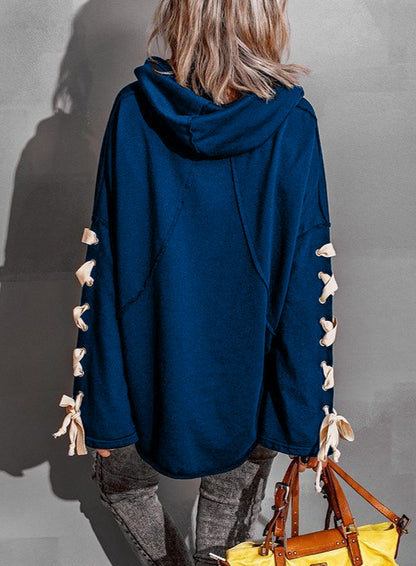 Pull effiloché surdimensionné à capuche et col à poils pour femme, en coton, design d'intérêt spécial, automne-hiver, à lacets