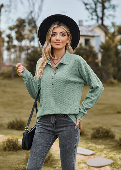 Pull-over ample à manches longues et col polo pour femme, couleur unie, automne et hiver