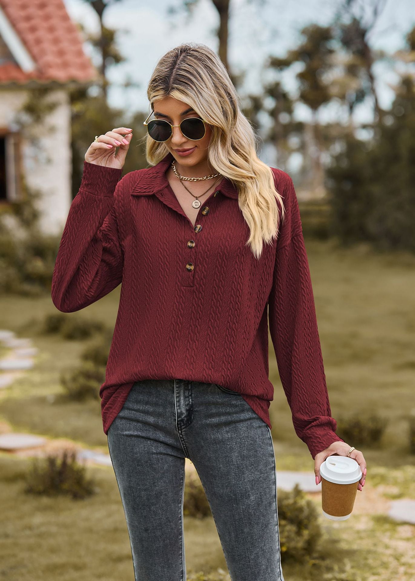 Pull-over ample à manches longues et col polo pour femme, couleur unie, automne et hiver