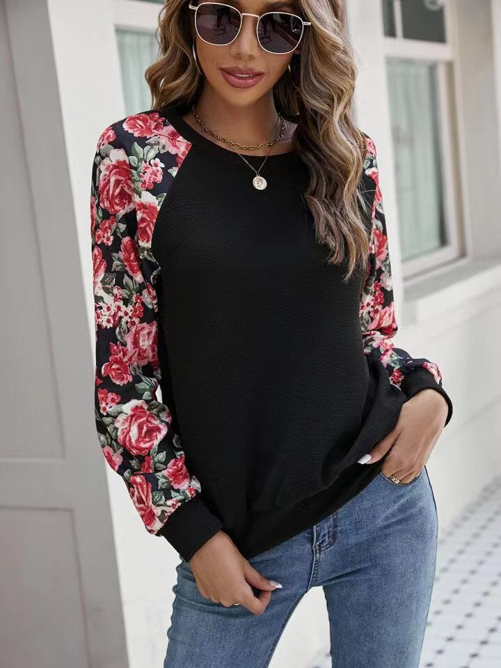 Pull à manches longues et col rond en patchwork imprimé automne pour femme