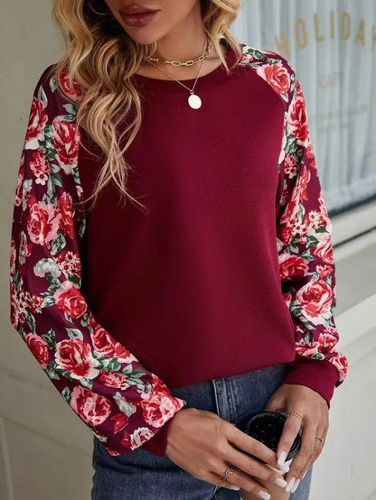 Pull à manches longues et col rond en patchwork imprimé automne pour femme