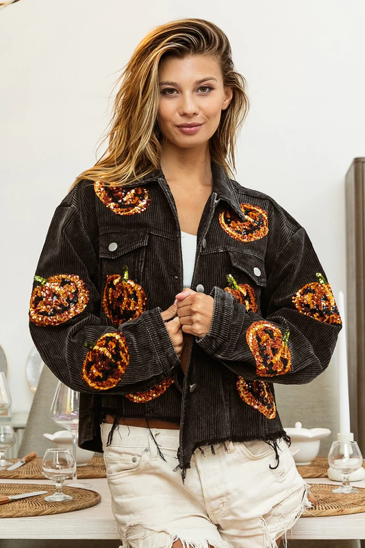 Ladies Fall Winter Coat Halloween Pumpkin Sequined Distressed Corduroy Jacket