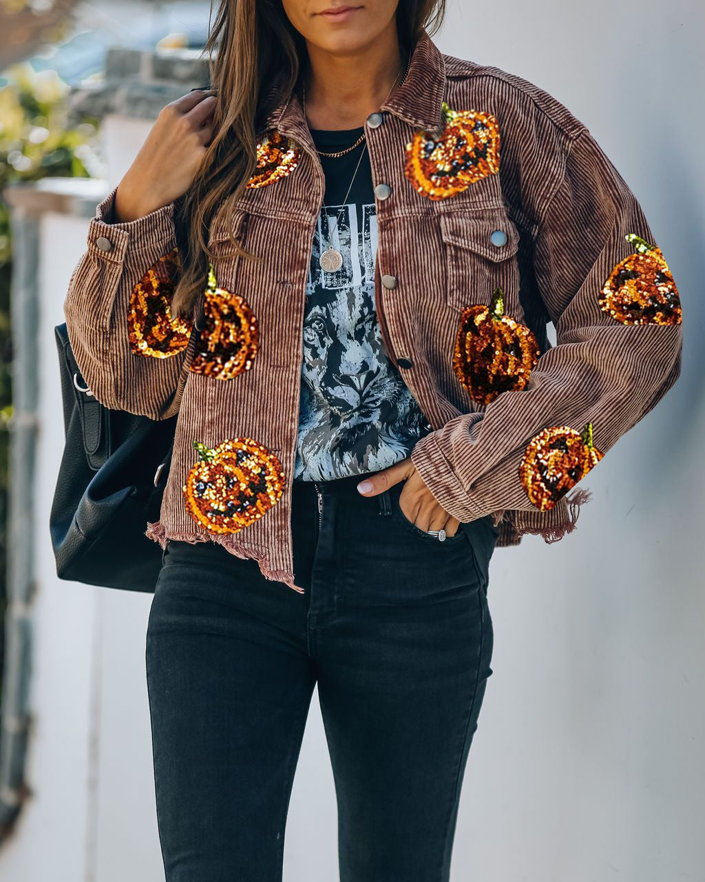 Ladies Fall Winter Coat Halloween Pumpkin Sequined Distressed Corduroy Jacket