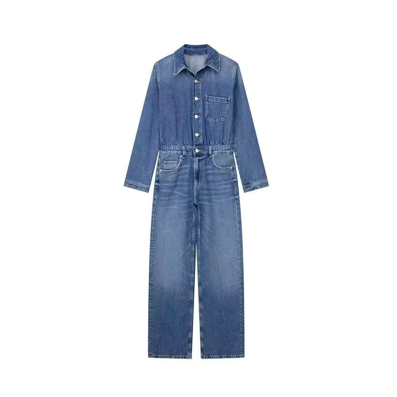 Herbst Langarm Kragen Abnehmen Lange Denim Overall Jeans