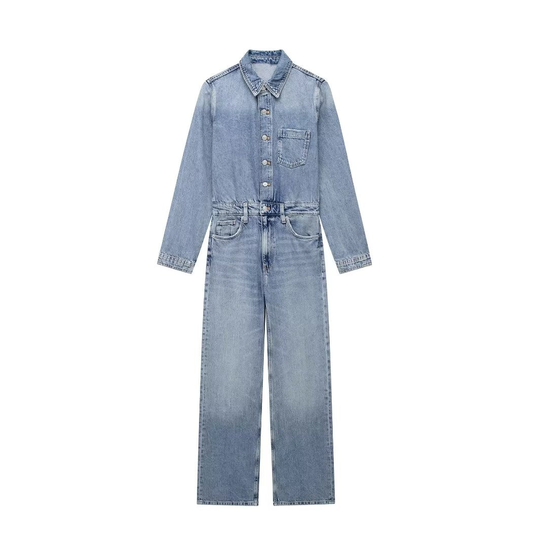 Herbst Langarm Kragen Abnehmen Lange Denim Overall Jeans