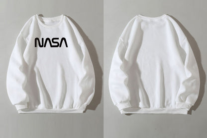 Rundhalspullover mit Fleecefutter für Damen mit NASA-Buchstabengrafikdruck, frischer, lässiger Pullover, Rundhalsausschnitt, lange Ärmel, T-Shirt