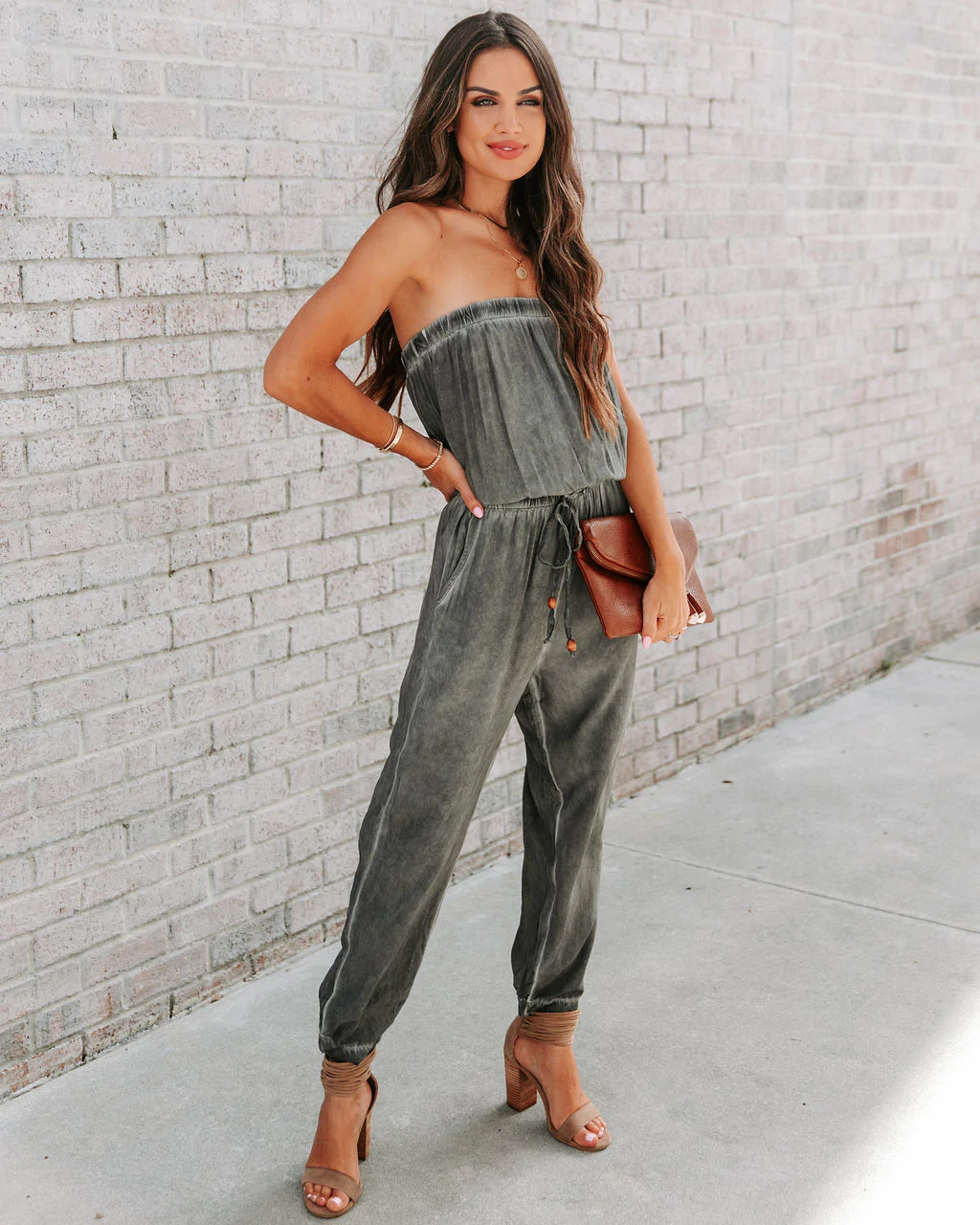 Ladies Sexy Bandeau Washed Worn Lace up Jumpsuit