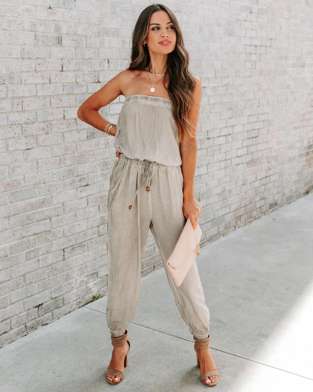 Ladies Sexy Bandeau Washed Worn Lace up Jumpsuit