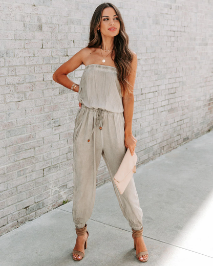 Ladies Sexy Bandeau Washed Worn Lace up Jumpsuit