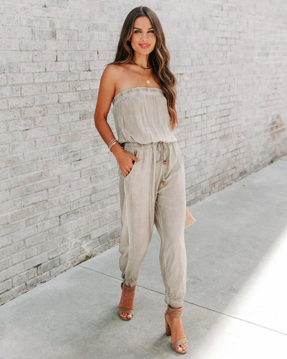 Ladies Sexy Bandeau Washed Worn Lace up Jumpsuit