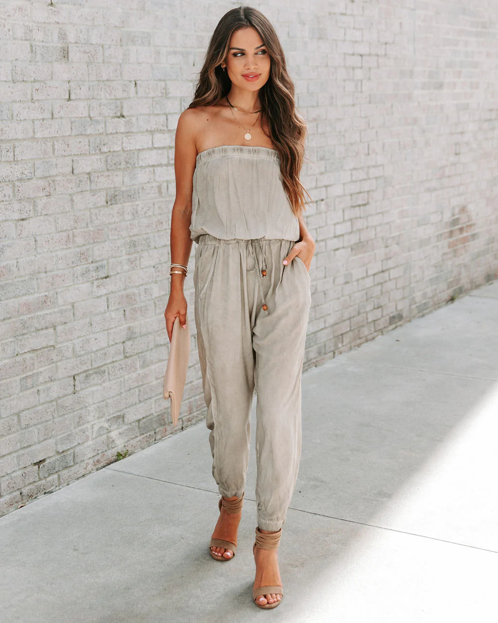 Ladies Sexy Bandeau Washed Worn Lace up Jumpsuit