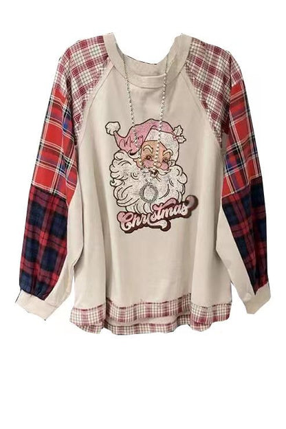 Damen Weihnachten Plaid Stitching Santa Claus Print Loose Pullover Sweatershirt