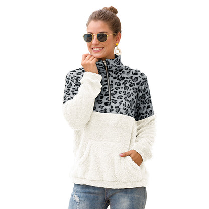 Pull à col zippé en velours double face avec épissure léopard pour femme