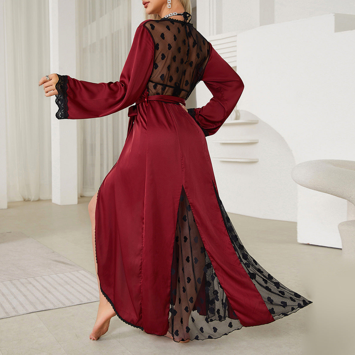 Accueil Sexy Sexy Love Mesh Pyjamas Robe du matin Robe longue en soie glacée Vêtements d'extérieur Robe Femme Vêtements de maison