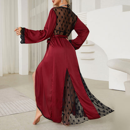 Accueil Sexy Sexy Love Mesh Pyjamas Robe du matin Robe longue en soie glacée Vêtements d'extérieur Robe Femme Vêtements de maison