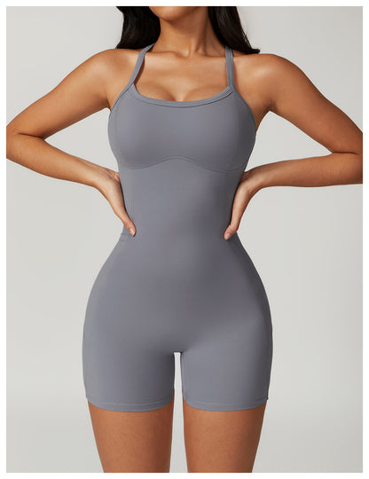 Pocket Casual Tight Back Yoga Jumpsuit with Chest Pad Quick Drying Nude Feel Sports Workout Clothes