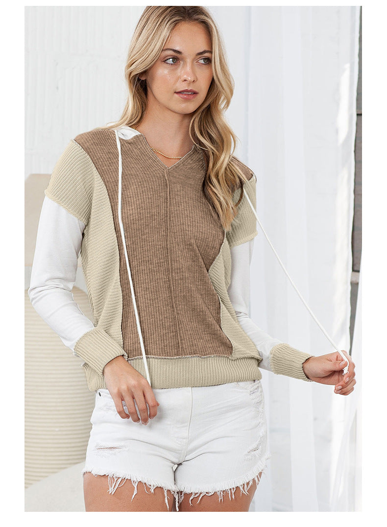 Sweat à capuche assorti de couleurs pour femme au début de l'automne, pull décontracté à manches longues en tricot texturé pour femme