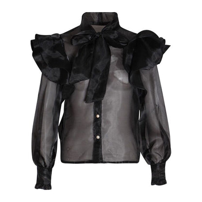 Palace See through Organza Shirt Women Autumn Bow Lace up Stand-up Collar Lantern Sleeve Slim Fitting Blouse