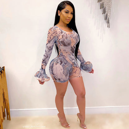 Popular Women Clothing Mesh See through Sexy Short Bell Sleeve Romper