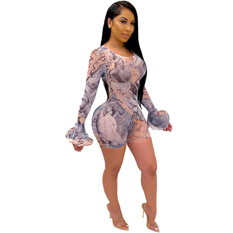 Popular Women Clothing Mesh See through Sexy Short Bell Sleeve Romper