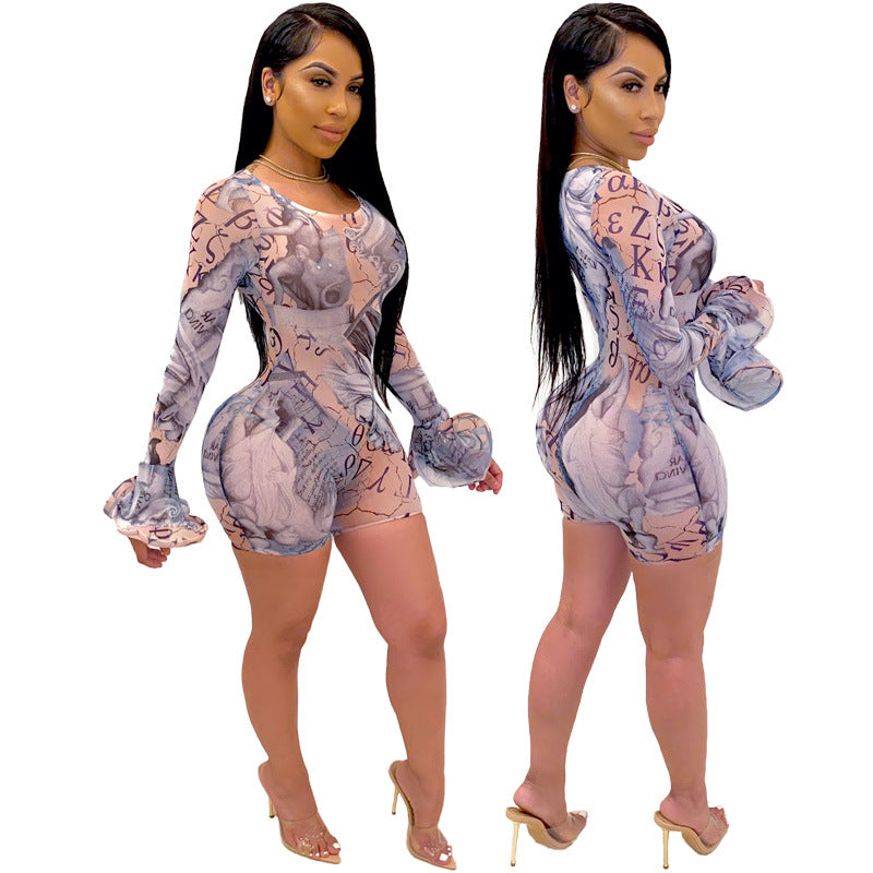 Popular Women Clothing Mesh See through Sexy Short Bell Sleeve Romper