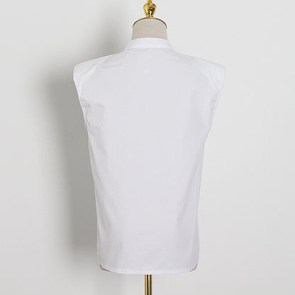 Haut de chemise sans manches à col et épaules rembourrées blanc élégant et sexy au design de niche d'automne