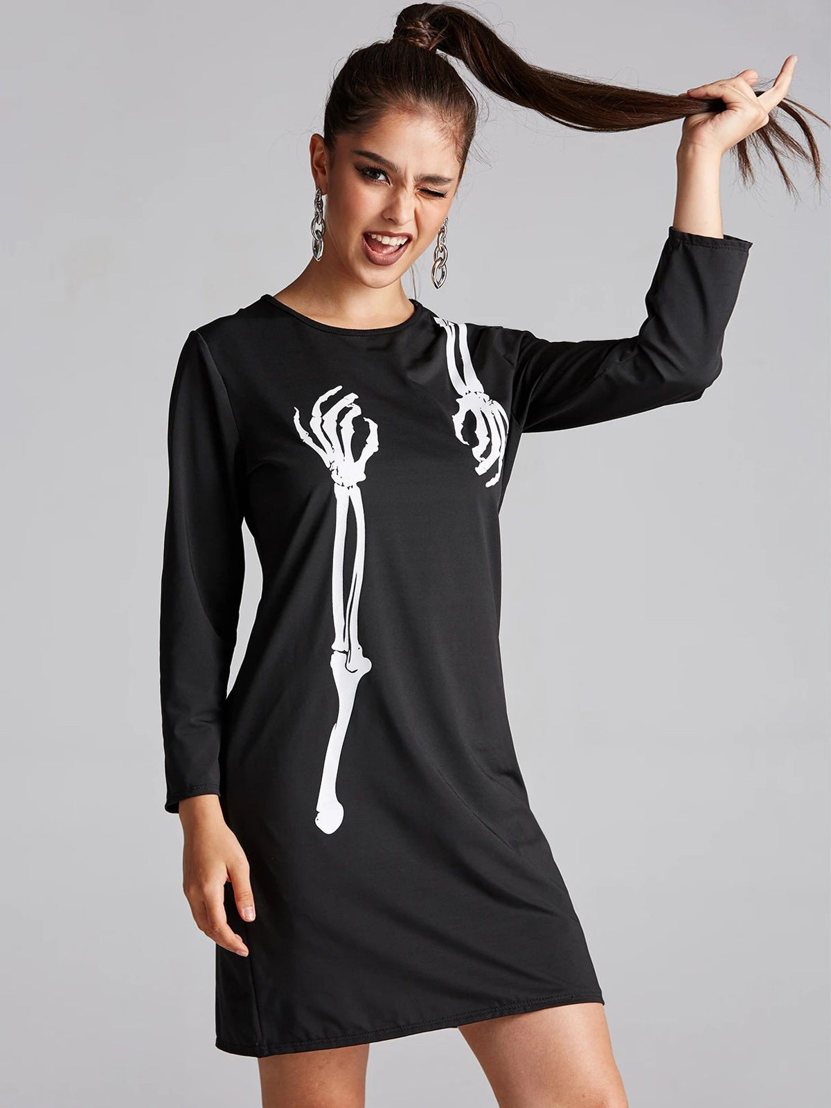 Herbst Damen Kleidung Langarm Totenkopf Print Halloween Cos Kleid