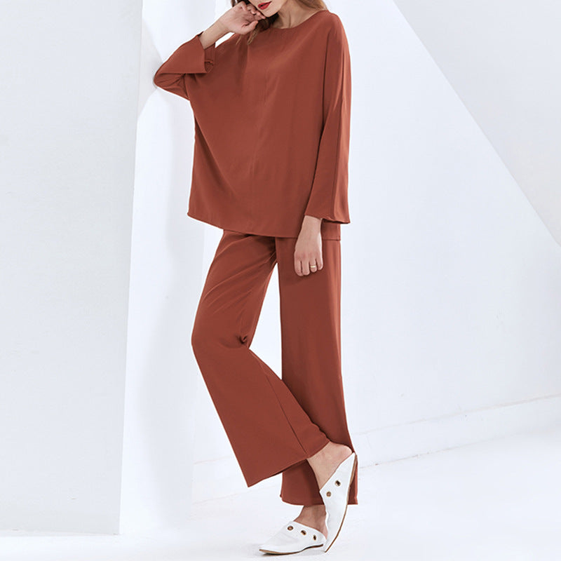 Australian Brand Design Loose Top Spring Casual Solid Color round Neck T shirt for Women Pant Sets