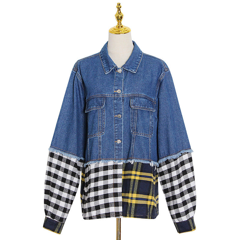 Autumn Casual Retro Lapels Single Breasted Plaid Patchwork Denim Jacket Women