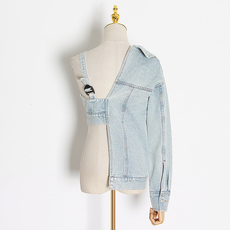 Niche Asymmetric Denim Jacket Fashionable Elegant Sexy Collared Cropped Outfit Denim Jacket