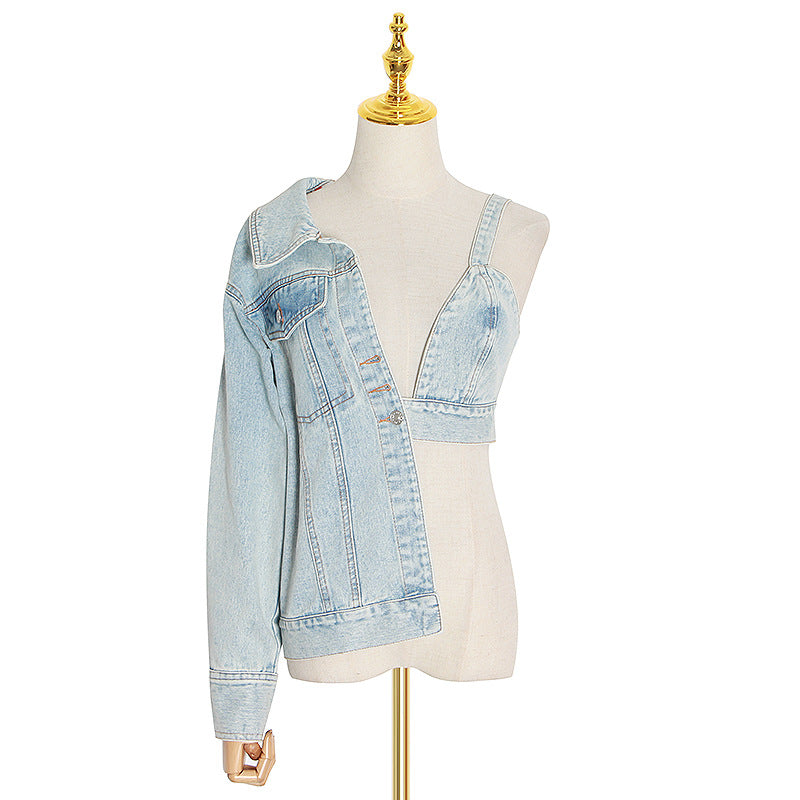 Niche Asymmetric Denim Jacket Fashionable Elegant Sexy Collared Cropped Outfit Denim Jacket