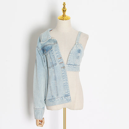 Niche Asymmetric Denim Jacket Fashionable Elegant Sexy Collared Cropped Outfit Denim Jacket