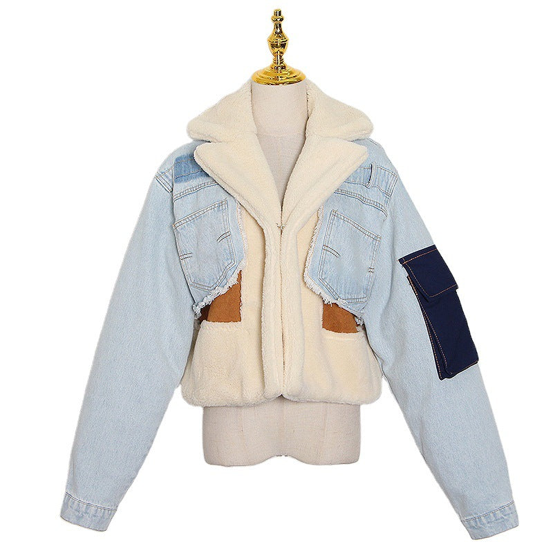 Lamb Wool Coat Winter Color Contrast Stitching Loose Thick Denim Casual Women Top