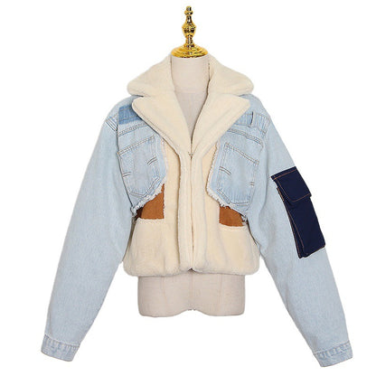 Lamb Wool Coat Winter Color Contrast Stitching Loose Thick Denim Casual Women Top