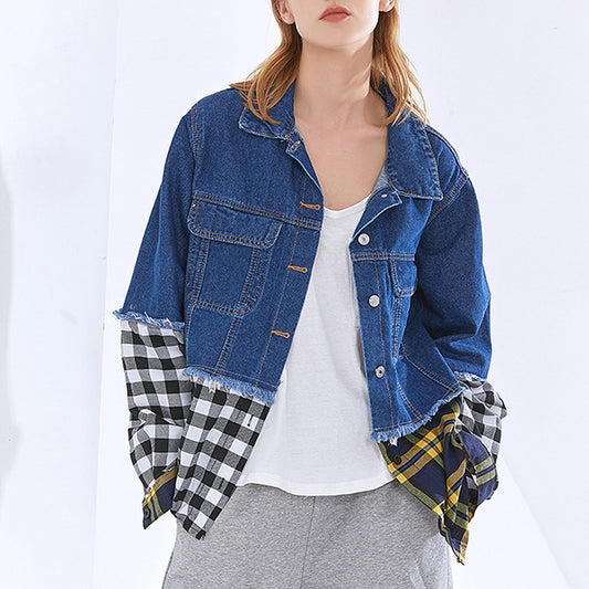 Veste en jean patchwork à carreaux à simple boutonnage pour femme, décontractée, style rétro, automne