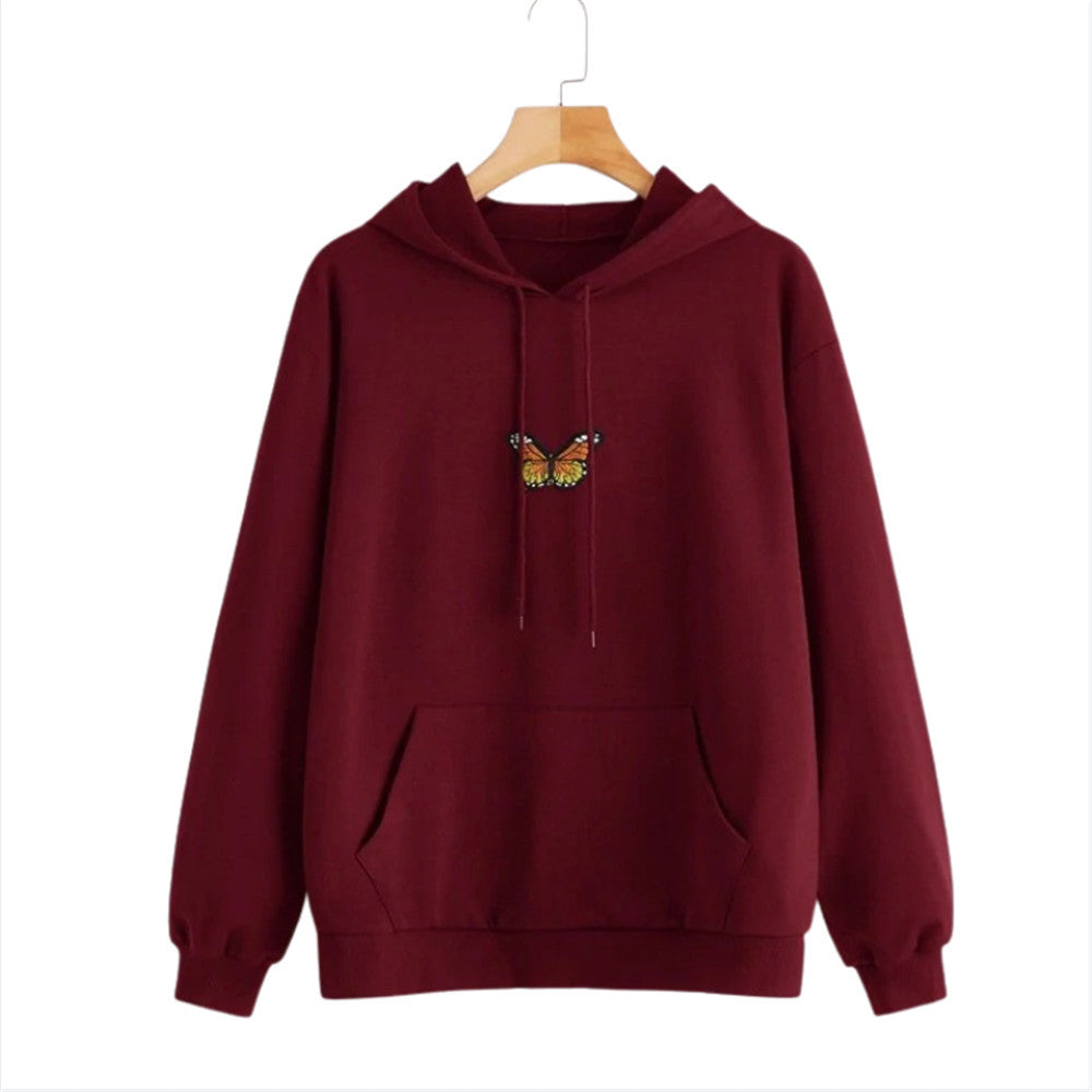 Loose Long Sleeve Embroidered Butterfly Hooded Loose