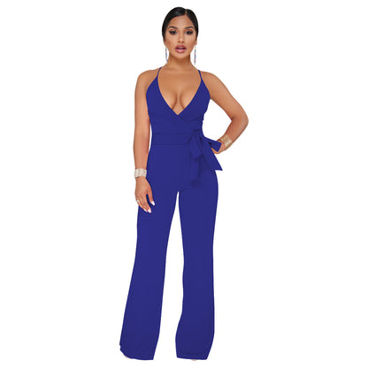 Sommer Beliebter klassischer einfarbiger Jumpsuit mit V-Ausschnitt und Brace