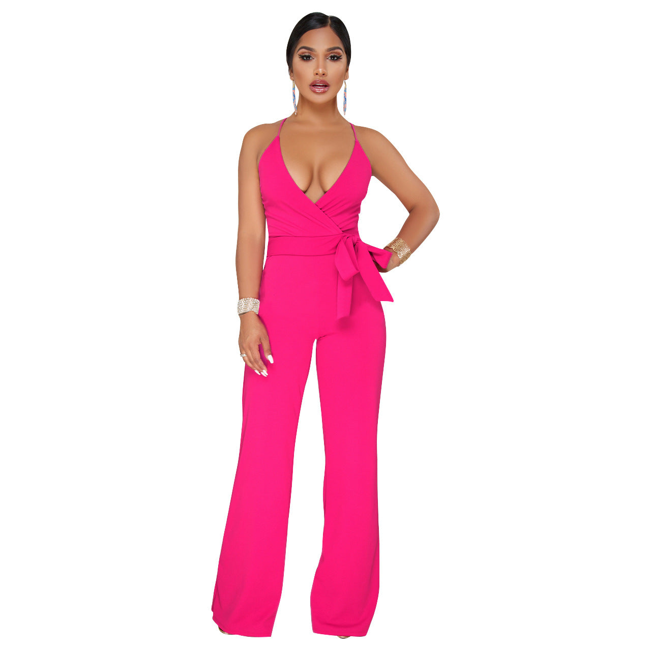 Sommer Beliebter klassischer einfarbiger Jumpsuit mit V-Ausschnitt und Brace